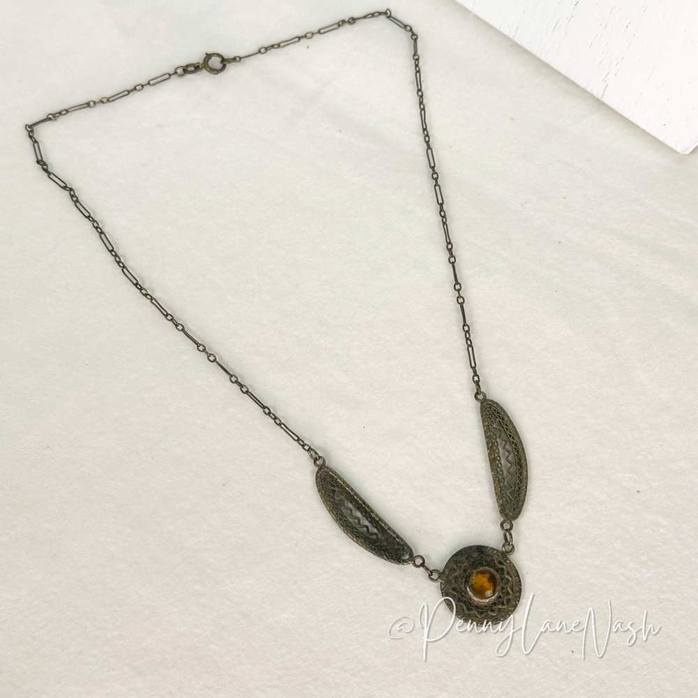 Vintage Brass Circle w/ Dual Feathers Festoon Necklace - Picture 3 of 3